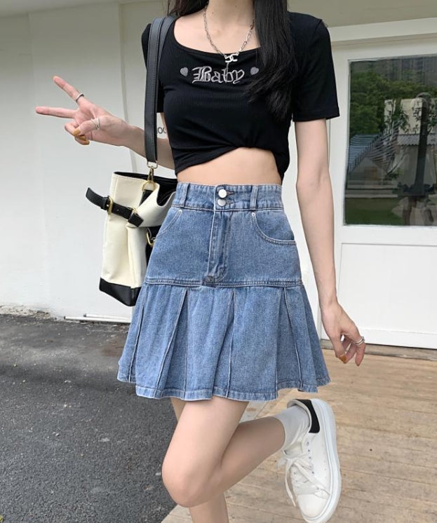 Blue Wide-Pleated Denim Skirt