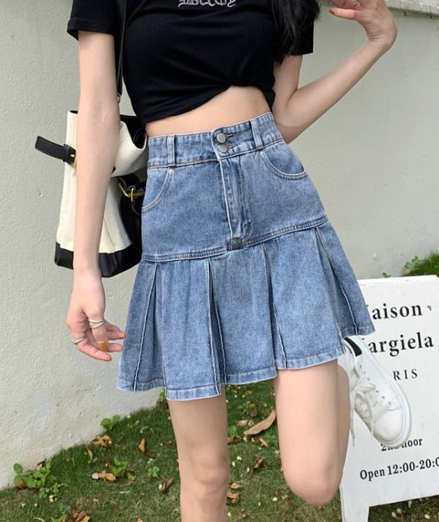 Blue Wide-Pleated Denim Skirt