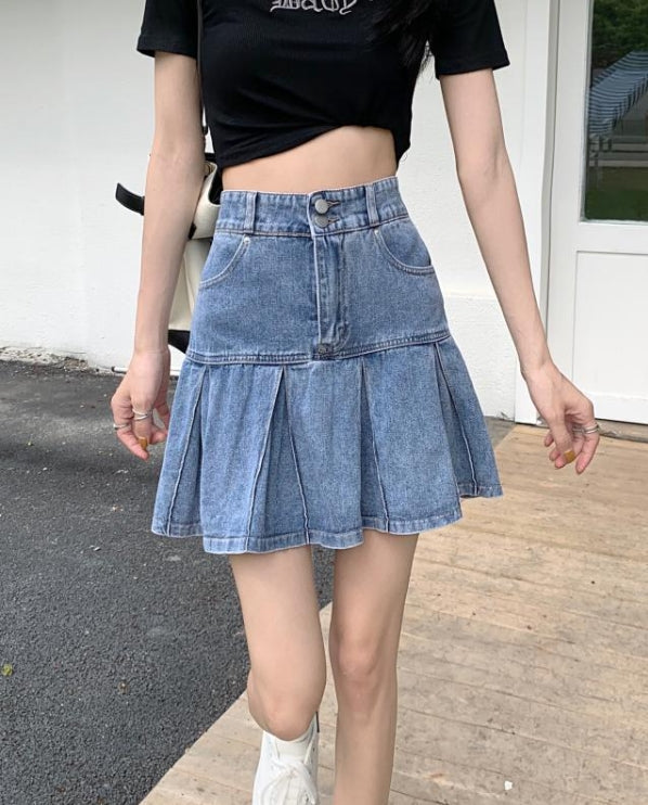 Blue Wide-Pleated Denim Skirt