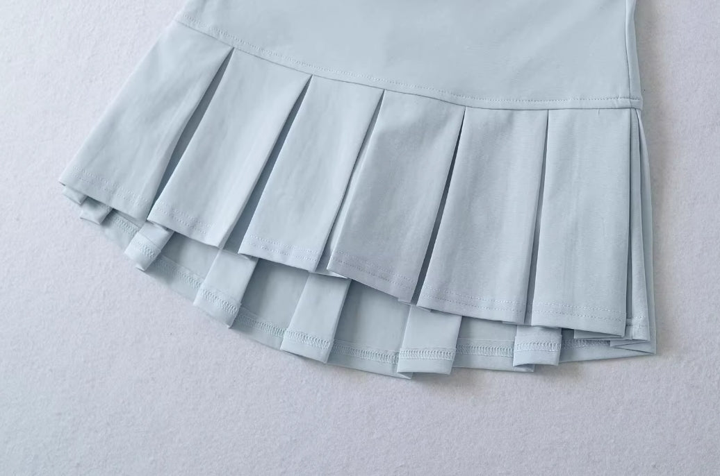 Blue Wide Pleats Mini Skirt