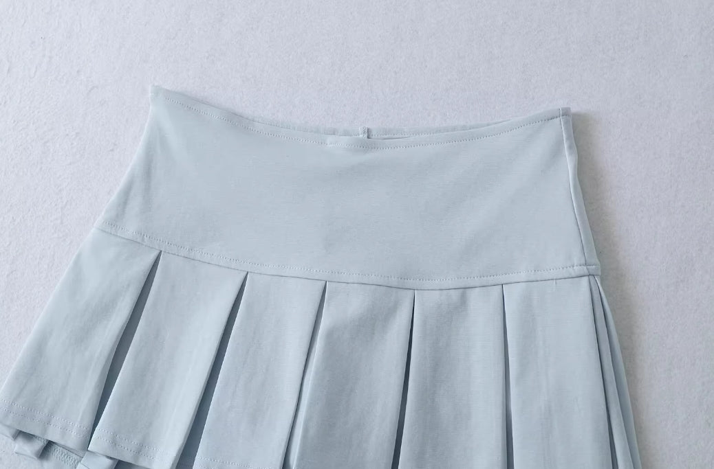 Blue Wide Pleats Mini Skirt