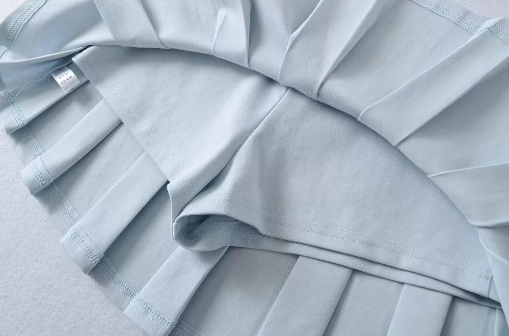 Blue Wide Pleats Mini Skirt