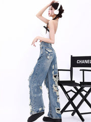 Blue Y2K Extreme Distressed Wide-Leg Jeans