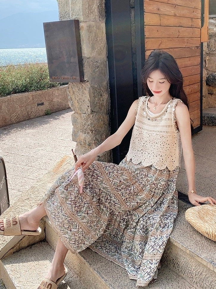 Bohemian Floral Hollow Out Vacation Dress Set