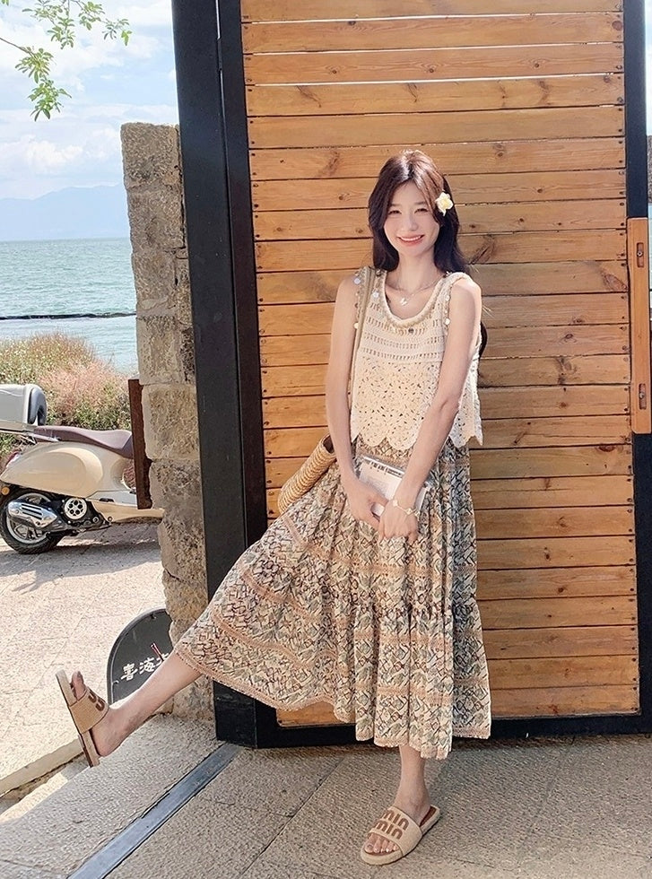 Bohemian Floral Hollow Out Vacation Dress Set