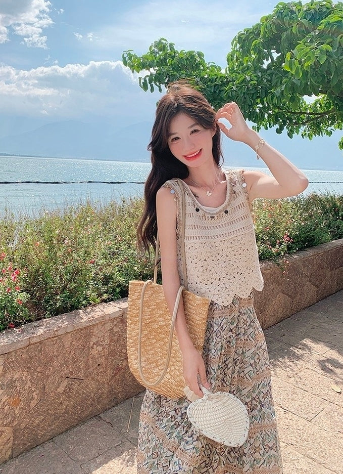 Bohemian Floral Hollow Out Vacation Dress Set