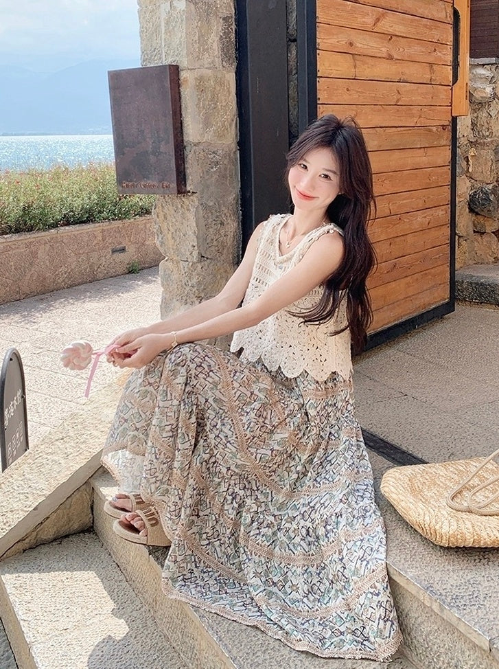 Bohemian Floral Hollow Out Vacation Dress Set