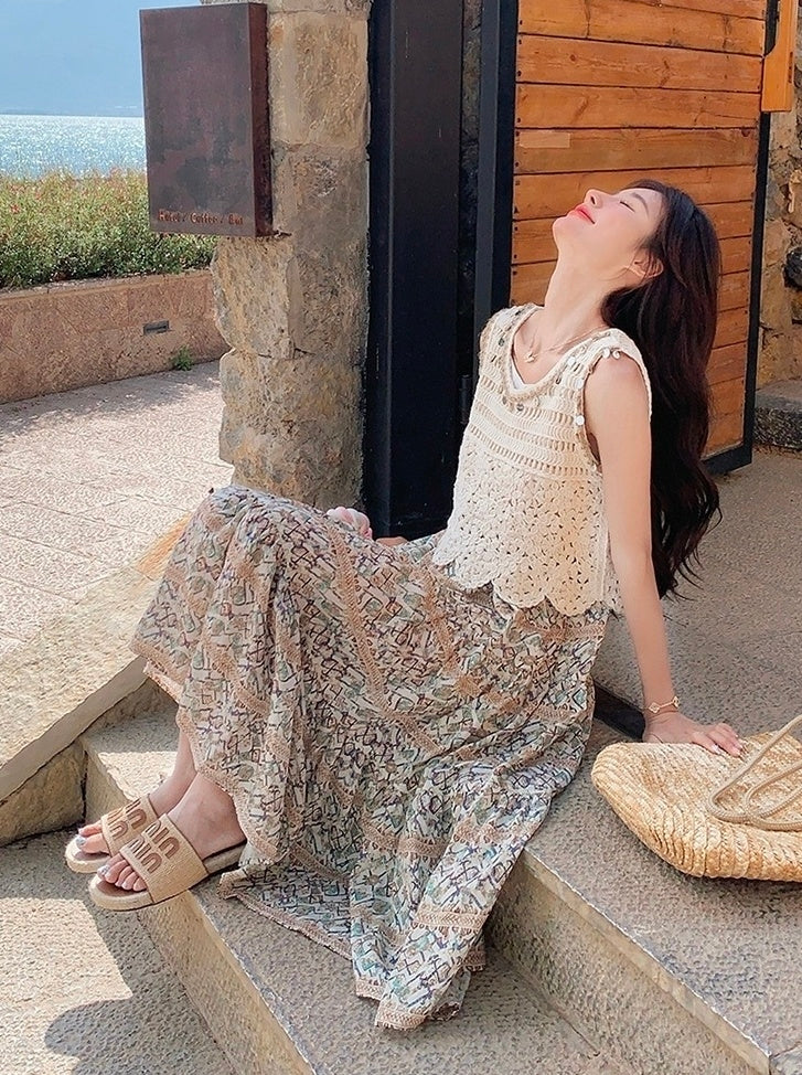 Bohemian Floral Hollow Out Vacation Dress Set