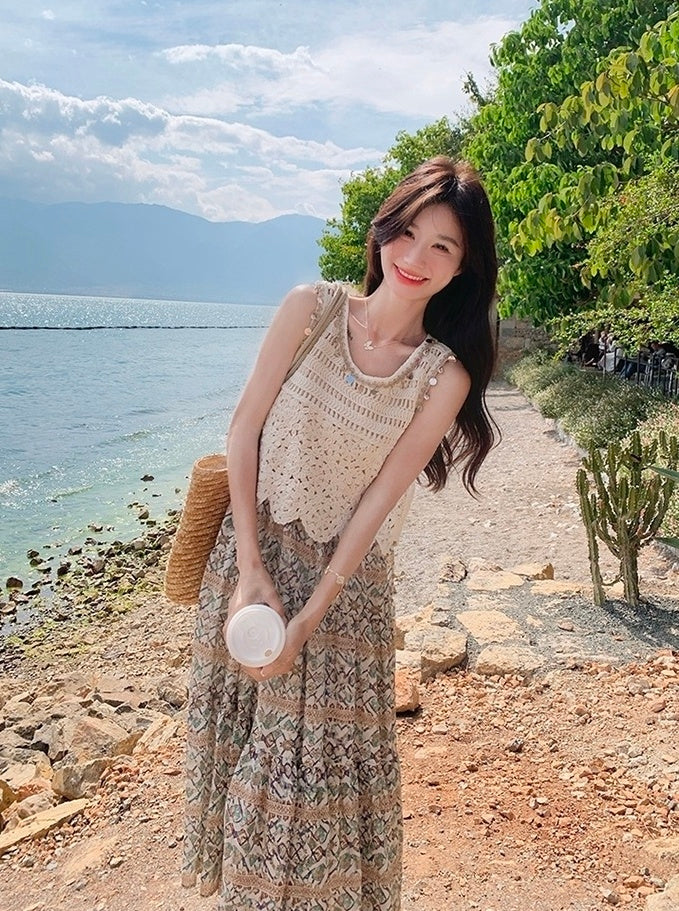 Bohemian Floral Hollow Out Vacation Dress Set