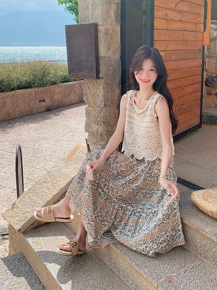 Bohemian Floral Hollow Out Vacation Dress Set