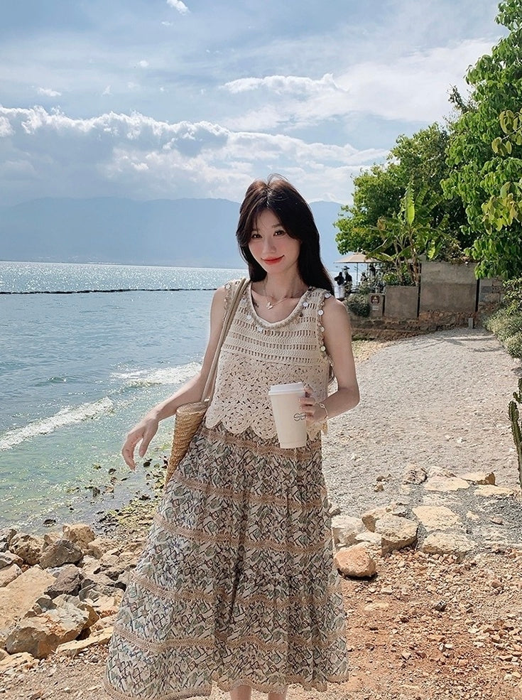 Bohemian Floral Hollow Out Vacation Dress Set