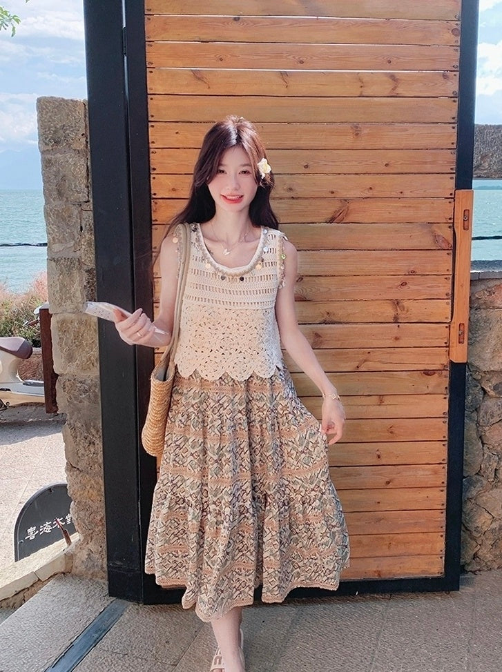Bohemian Floral Hollow Out Vacation Dress Set