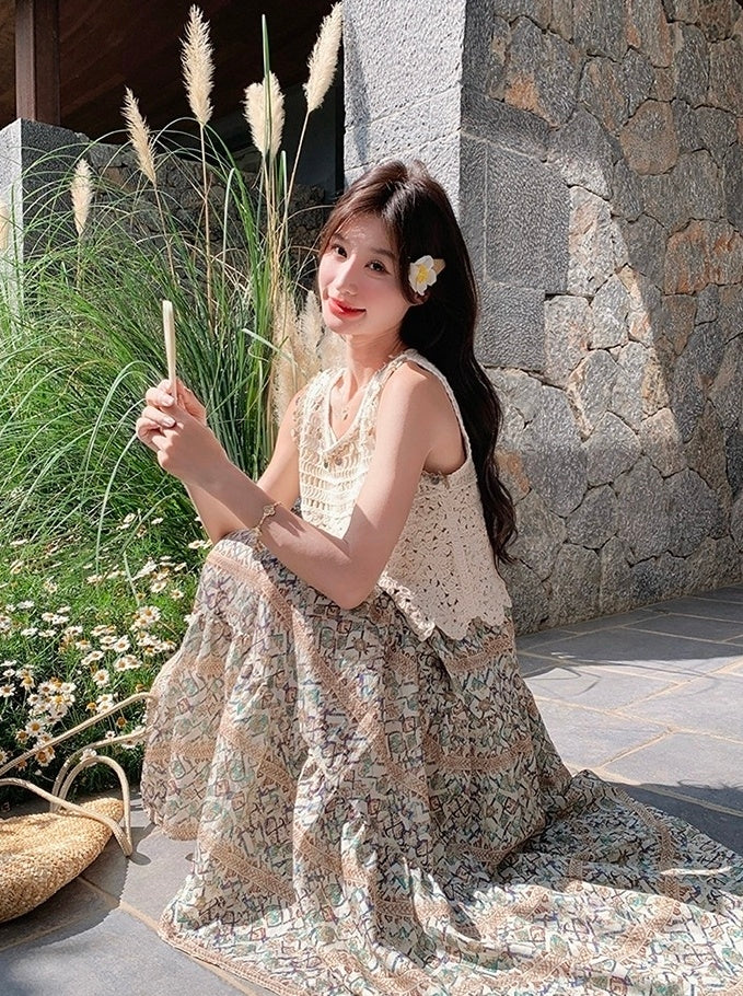Bohemian Floral Hollow Out Vacation Dress Set