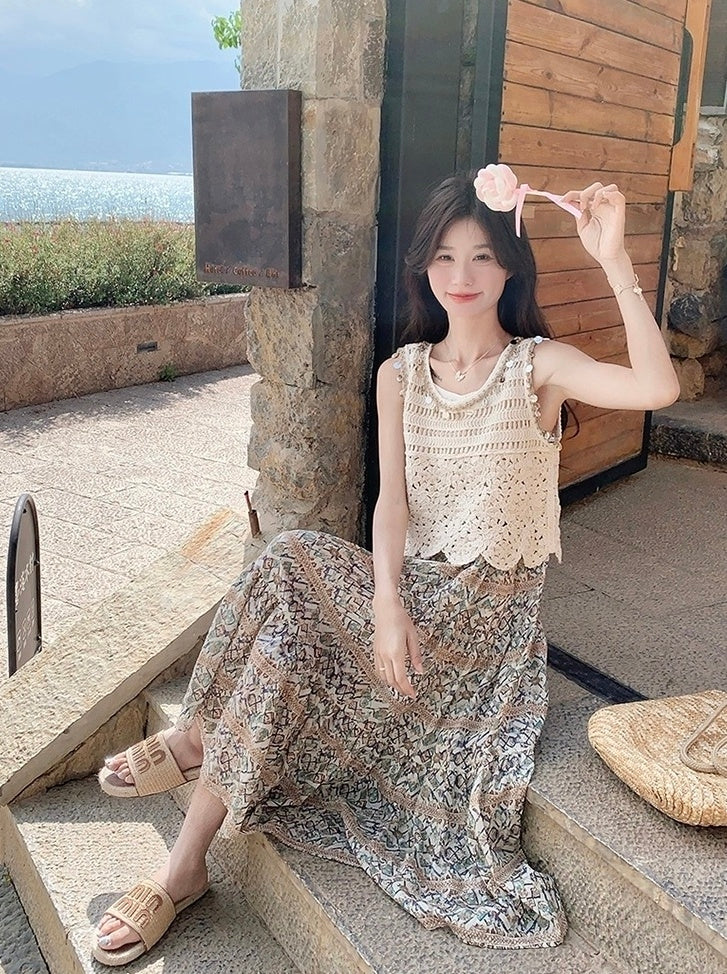 Bohemian Floral Hollow Out Vacation Dress Set