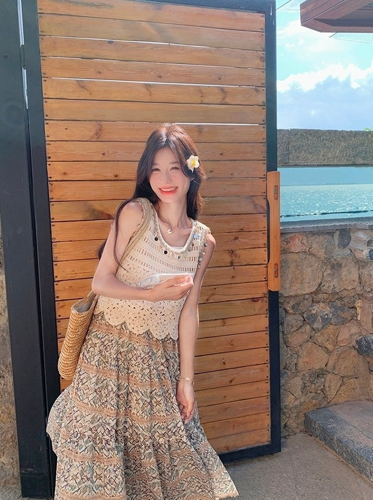 Bohemian Floral Hollow Out Vacation Dress Set
