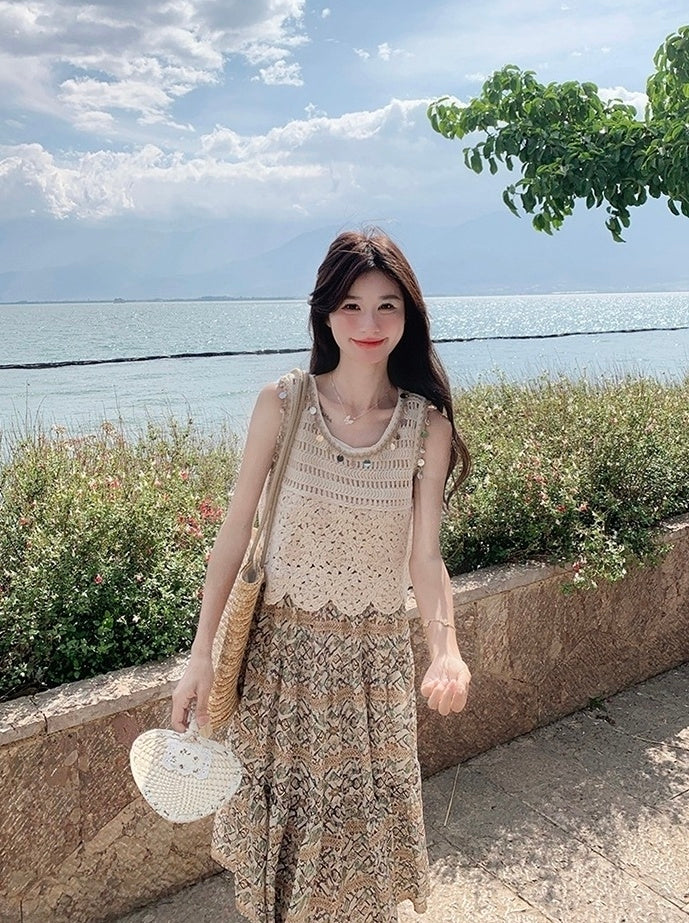 Bohemian Floral Hollow Out Vacation Dress Set