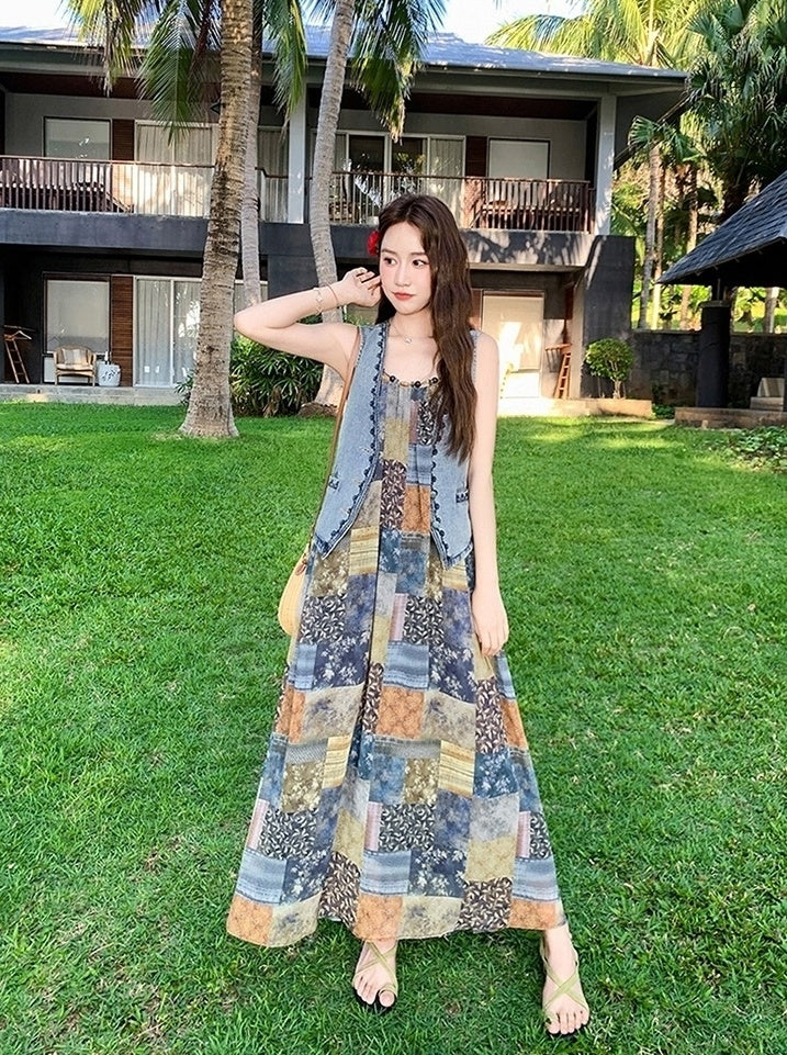 Bohemian Floral Patchwork Dress Vest Set