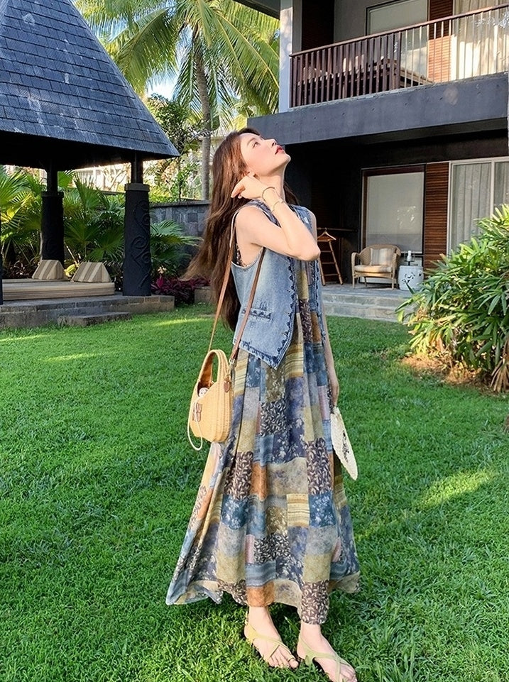Bohemian Floral Patchwork Dress Vest Set