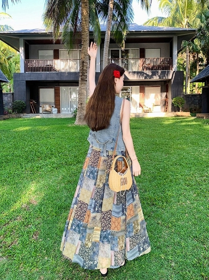 Bohemian Floral Patchwork Dress Vest Set