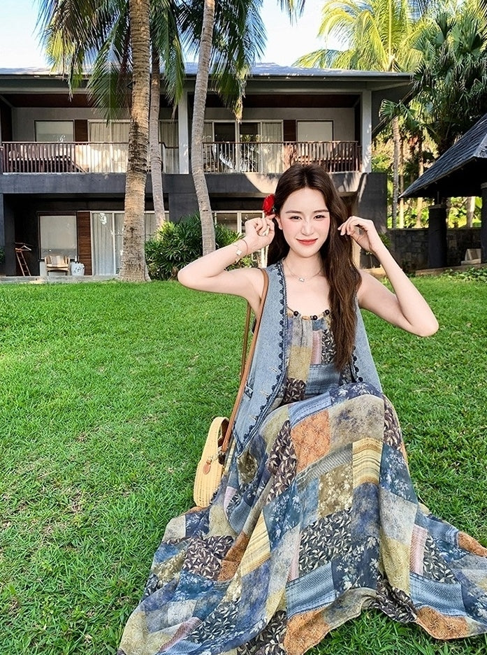 Bohemian Floral Patchwork Dress Vest Set