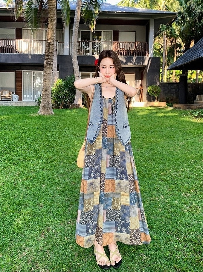 Bohemian Floral Patchwork Dress Vest Set