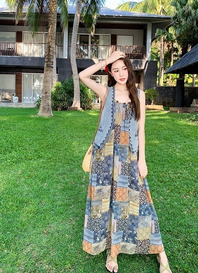 Bohemian Floral Patchwork Dress Vest Set