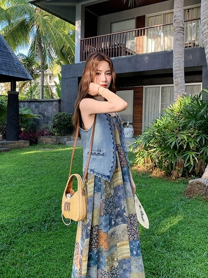 Bohemian Floral Patchwork Dress Vest Set
