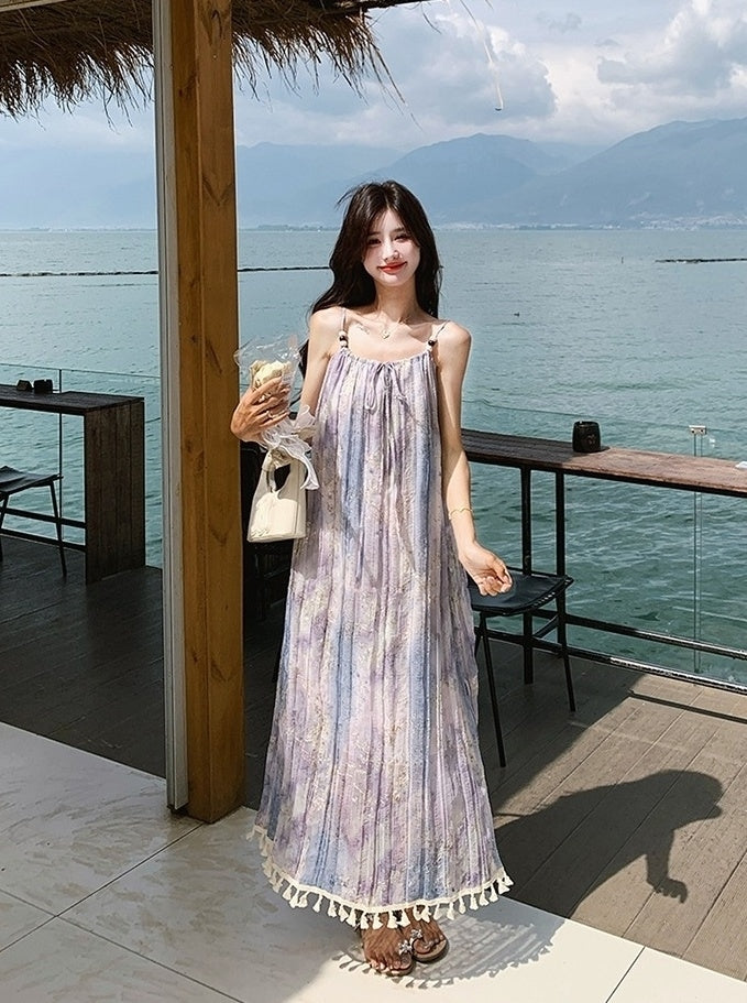Bohemian Floral Tassel Maxi Dress For Vacation