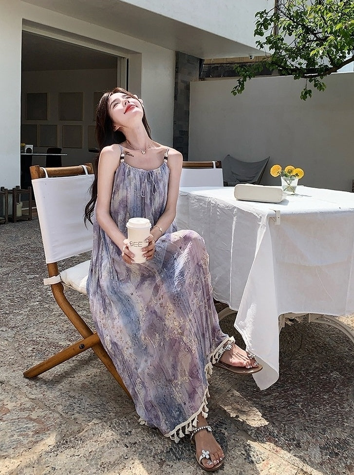Bohemian Floral Tassel Maxi Dress For Vacation
