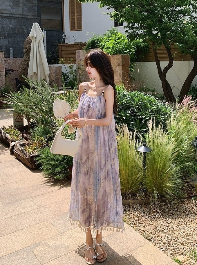 Bohemian Floral Tassel Maxi Dress For Vacation