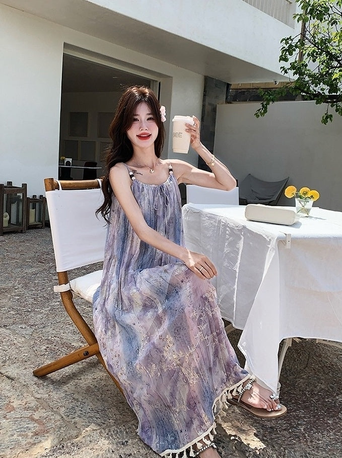 Bohemian Floral Tassel Maxi Dress For Vacation
