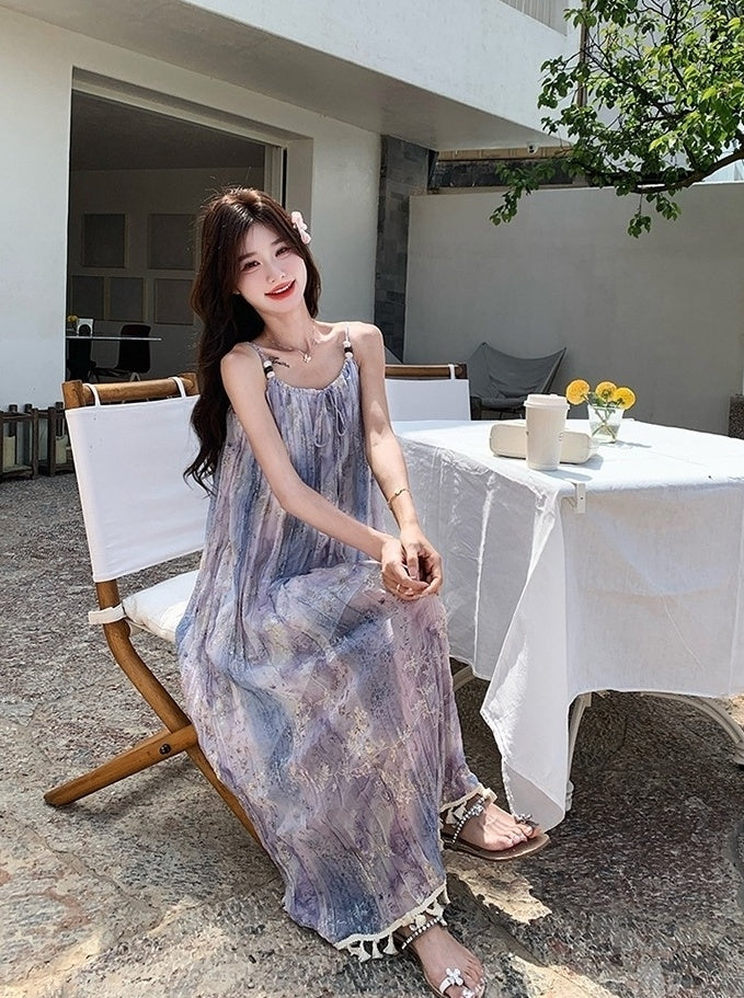 Bohemian Floral Tassel Maxi Dress For Vacation