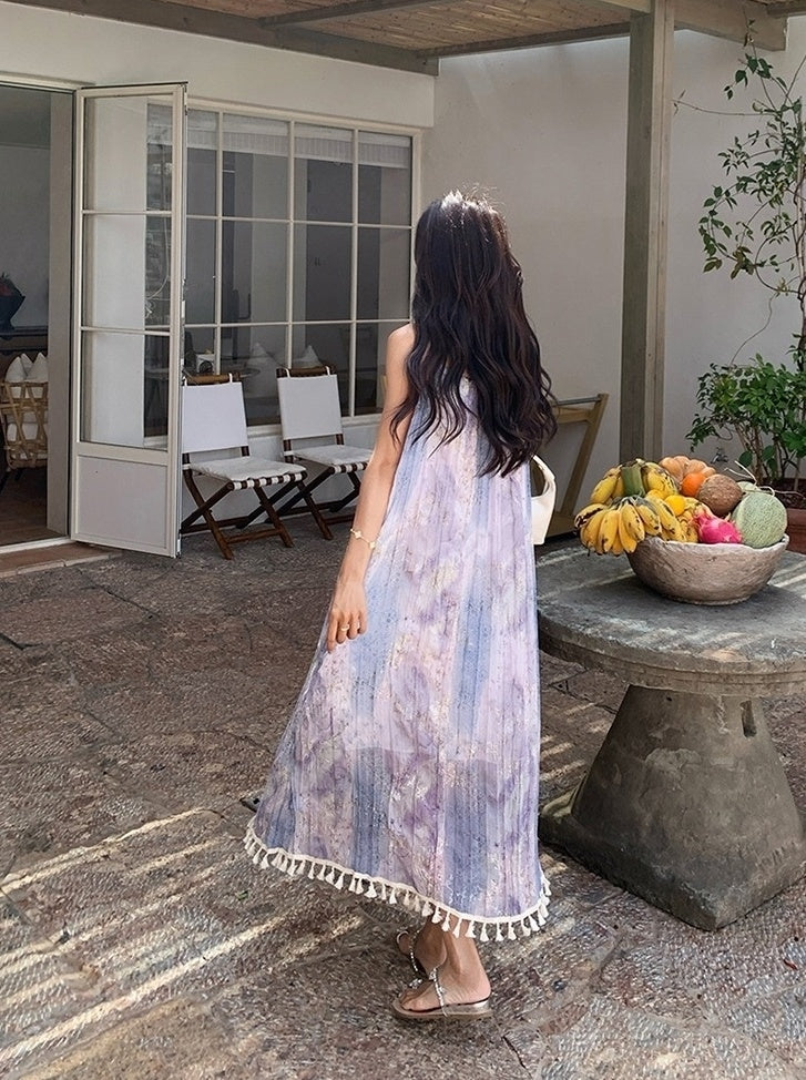 Bohemian Floral Tassel Maxi Dress For Vacation
