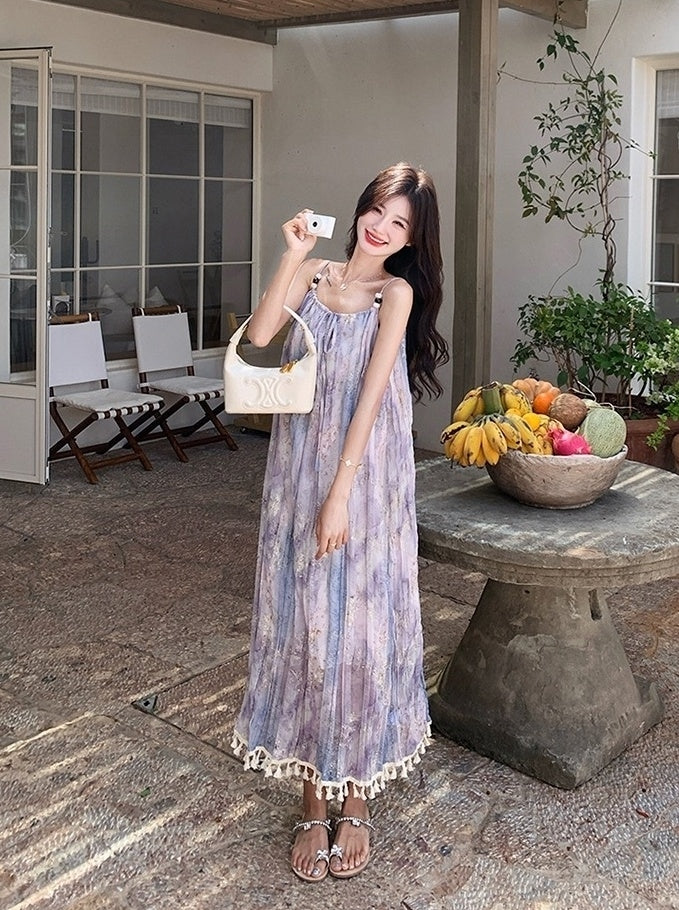 Bohemian Floral Tassel Maxi Dress For Vacation