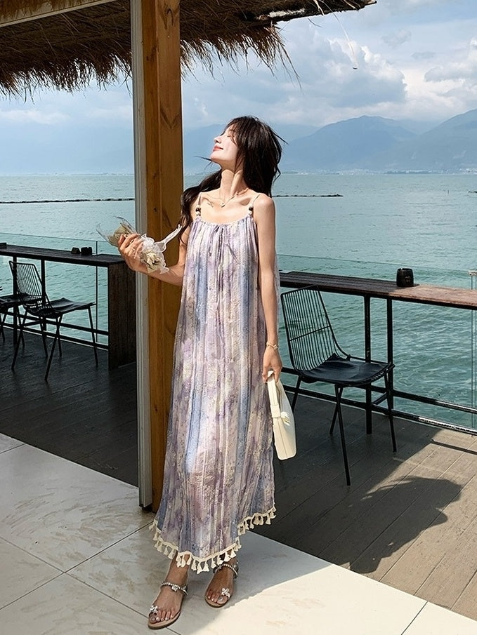 Bohemian Floral Tassel Maxi Dress For Vacation