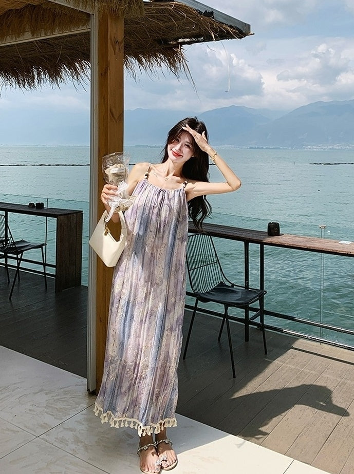 Bohemian Floral Tassel Maxi Dress For Vacation
