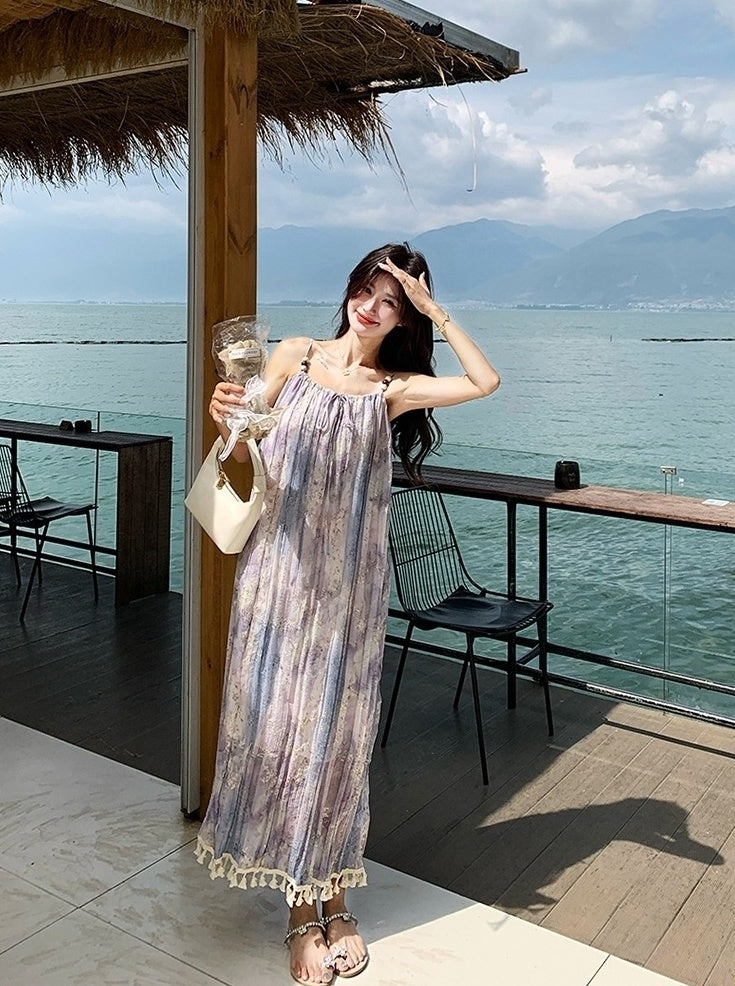 Bohemian Floral Tassel Maxi Dress For Vacation