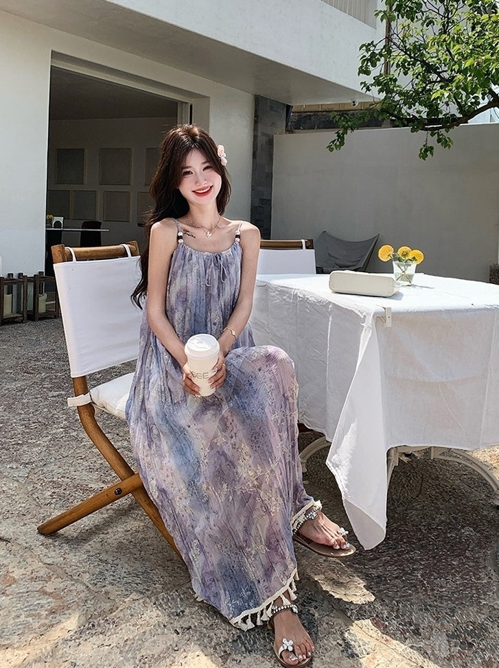 Bohemian Floral Tassel Maxi Dress For Vacation