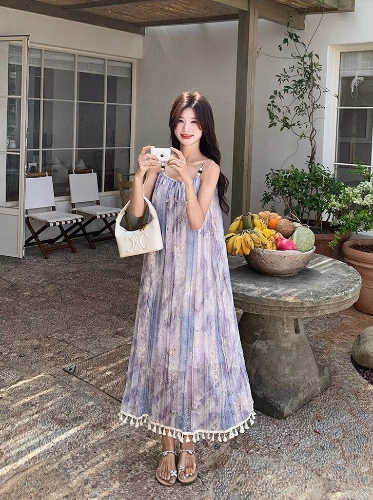 Bohemian Floral Tassel Maxi Dress For Vacation