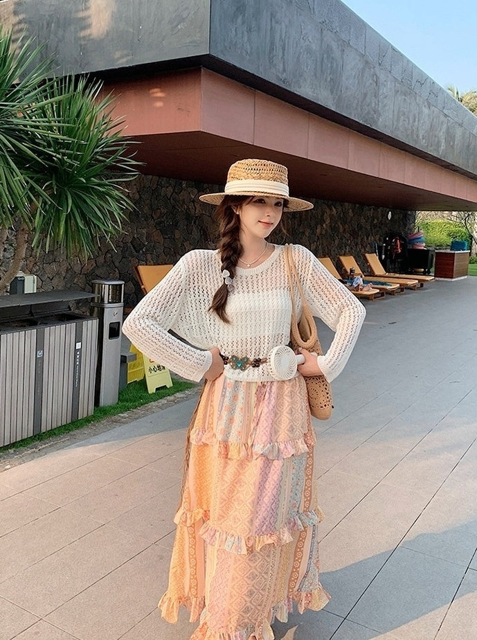 Bohemian Knit Hollow Out Cardigan Skirt Set