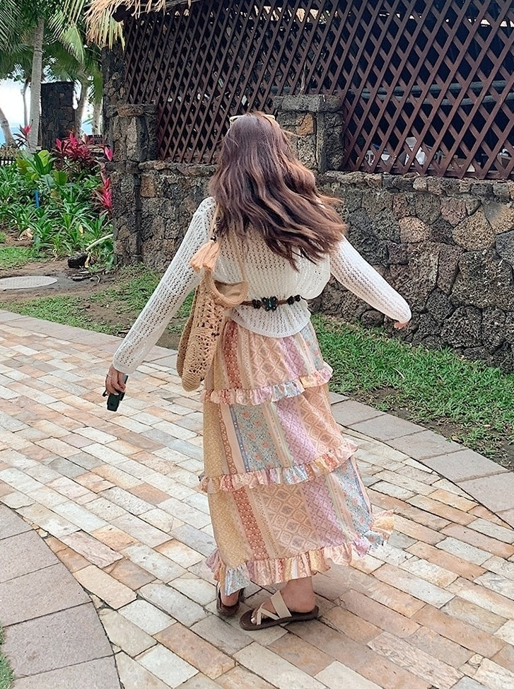 Bohemian Knit Hollow Out Cardigan Skirt Set