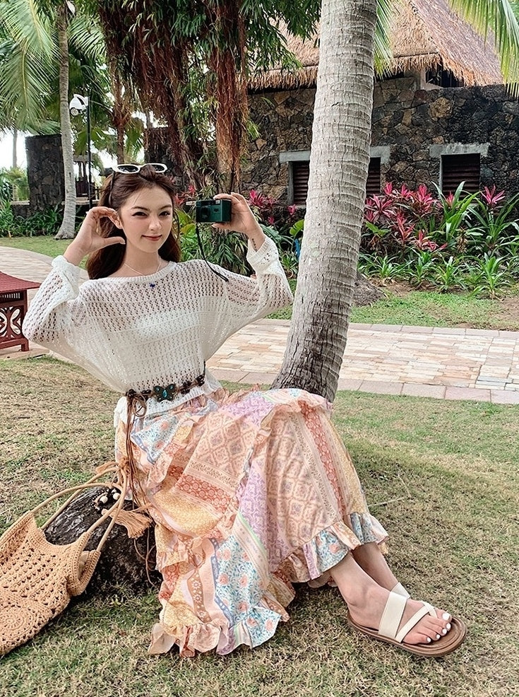 Bohemian Knit Hollow Out Cardigan Skirt Set