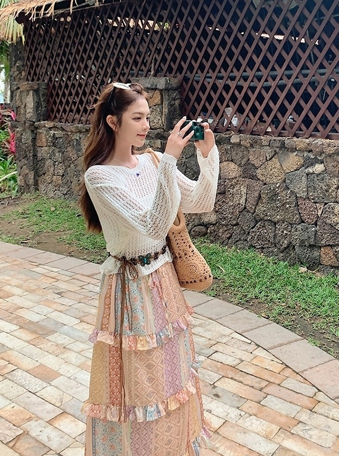 Bohemian Knit Hollow Out Cardigan Skirt Set