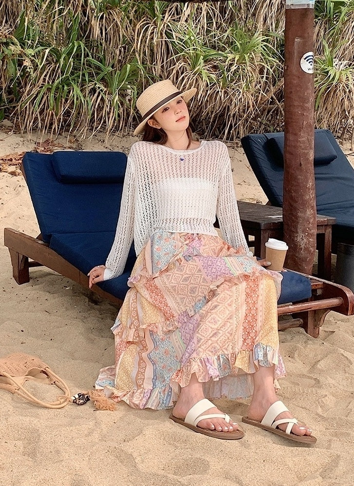 Bohemian Knit Hollow Out Cardigan Skirt Set