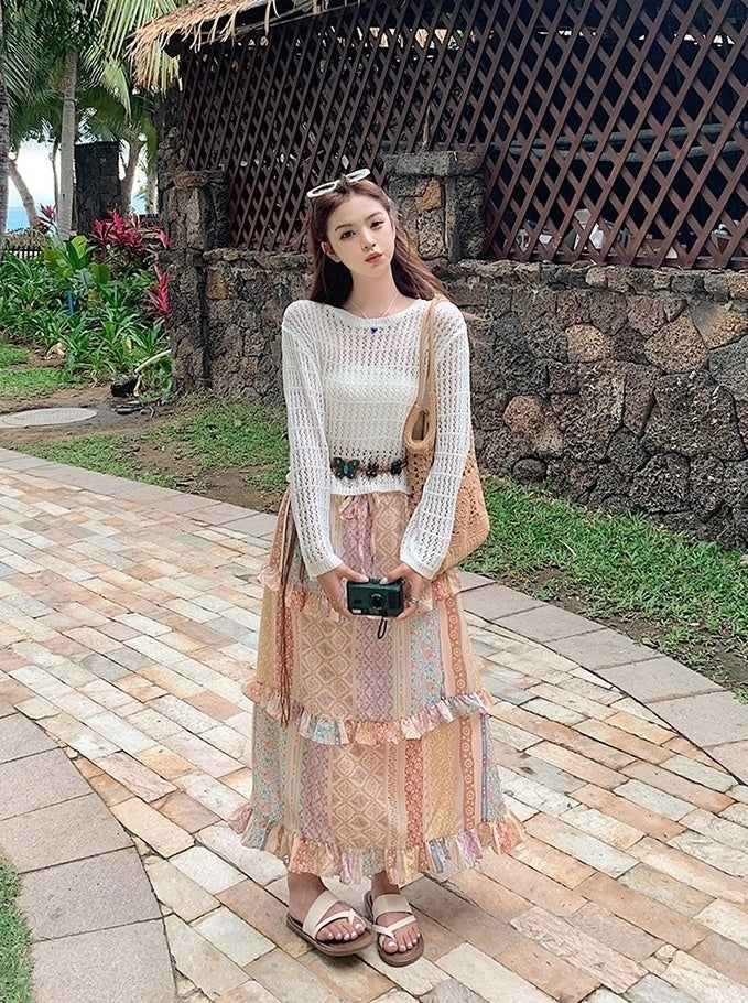 Bohemian Knit Hollow Out Cardigan Skirt Set