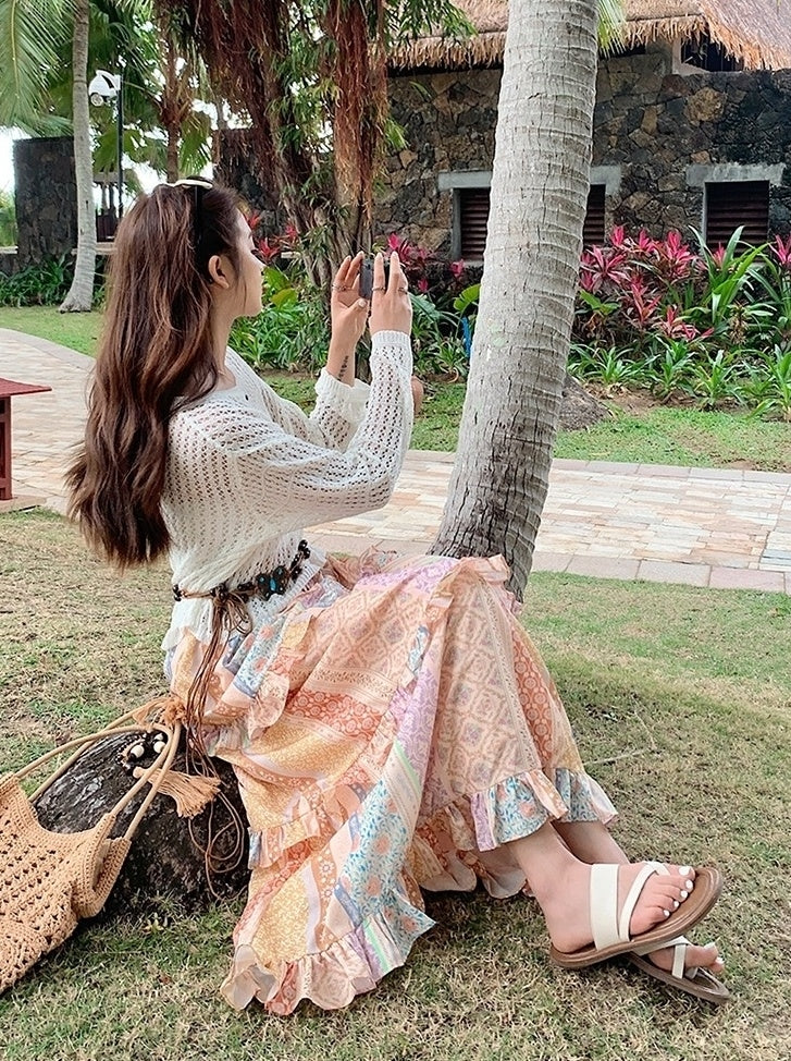 Bohemian Knit Hollow Out Cardigan Skirt Set