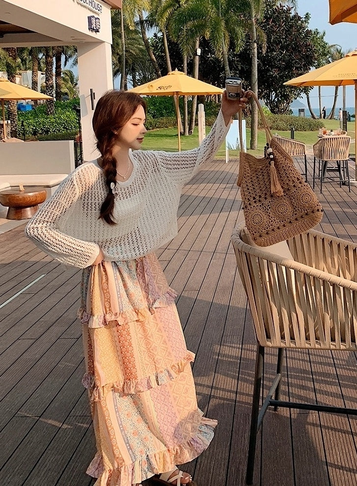 Bohemian Knit Hollow Out Cardigan Skirt Set