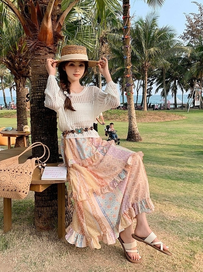 Bohemian Knit Hollow Out Cardigan Skirt Set