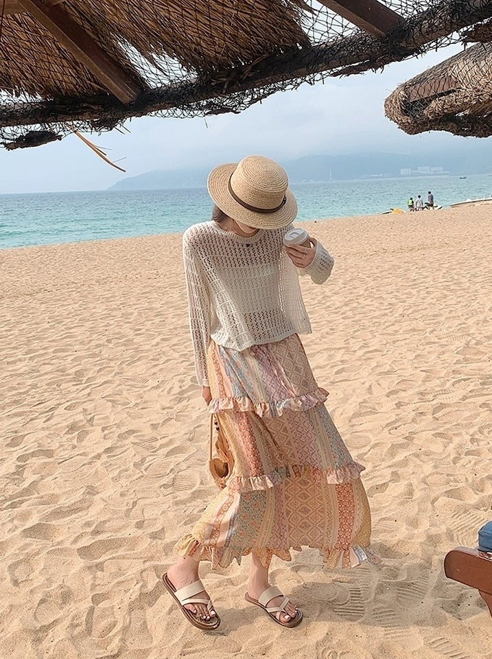 Bohemian Knit Hollow Out Cardigan Skirt Set