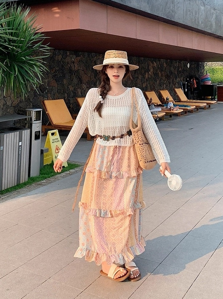 Bohemian Knit Hollow Out Cardigan Skirt Set